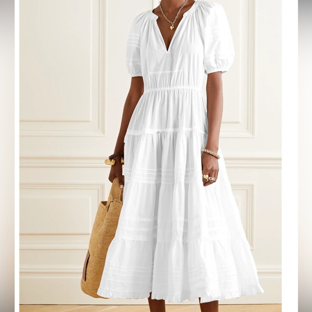 Ulla Johnson Caribel Cotton Poplin Puff Sleeve Tiered Ruffed V Midi Dress